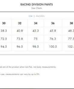 Fuel Racing Division pants Size Chart