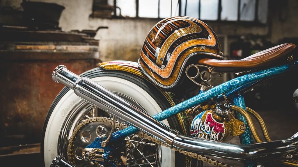 Custom metalflake motorcycle helmet on vintage chopper bike – Rider District